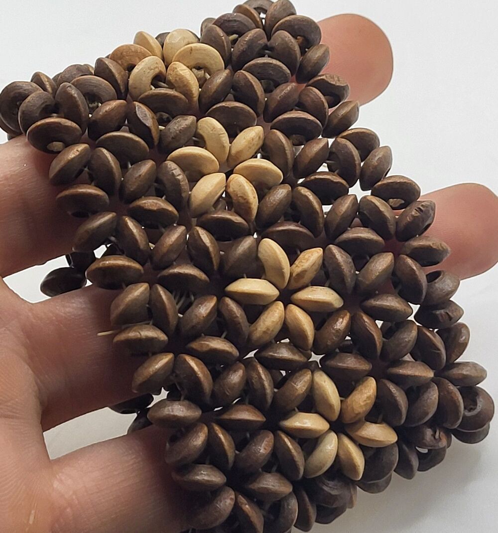 Tropical Wooden-Beaded Stretch Bracelet (Brown & Tan) with Floral Pattern 7in